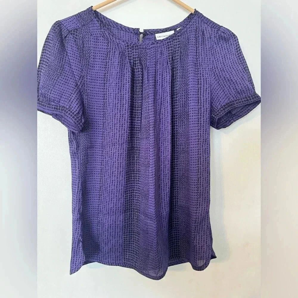 New Liz Claiborne Size Petite Small Purple Black short Sleeve Blouse Tie